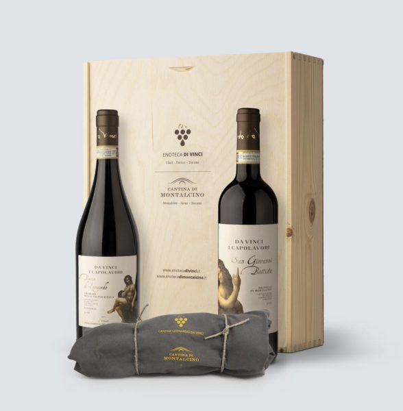Da Vinci i Capolavori - Brunello di Montalcino DOCG 2012 + Amarone Valpolicella DOCG 2014 + Grembiule in canvas (cassetta legno)