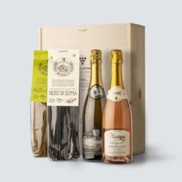 Crémant de Bourgogne Rosé Brut + Blanquette de Limoux Carte de Noire + Linguine nero di seppia e aglio e basilico (cassetta legno)